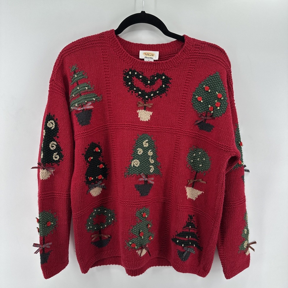 VTG Talbots Christmas Tree Pullover Hand Knit 3D Trees Beaded Holiday Linen S